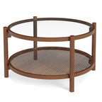 Table basse ronde en bois de 31 po avec dessus en verre trempé fait à la main - Cerise+Transparent
