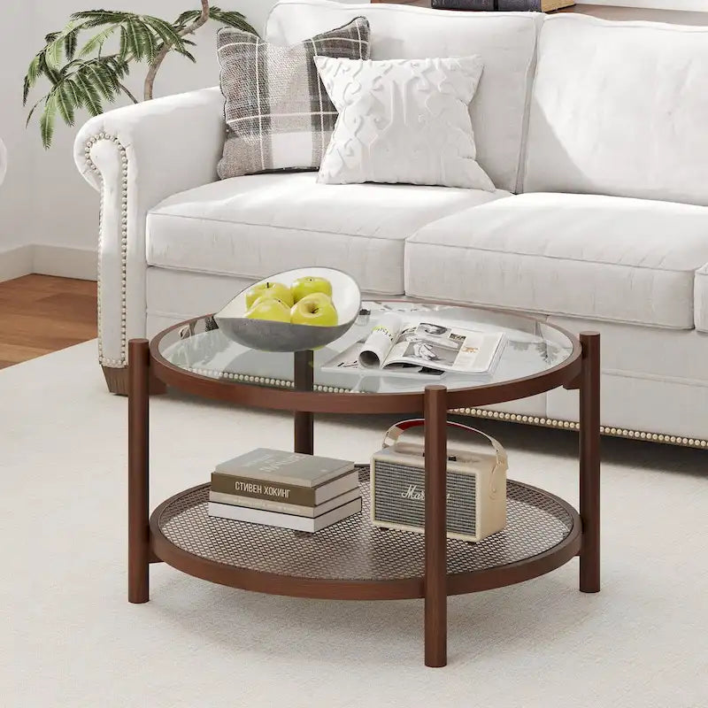Table basse ronde en bois de 31 po avec dessus en verre trempé fait à la main - Cerise+Transparent