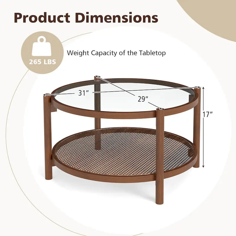 Table basse ronde en bois de 31 po avec dessus en verre trempé fait à la main - Cerise+Transparent