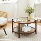 Table basse ronde en bois de 31 po avec dessus en verre trempé fait à la main - Cerise+Transparent