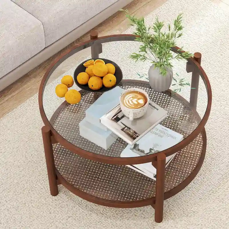Table basse ronde en bois de 31 po avec dessus en verre trempé fait à la main - Cerise+Transparent