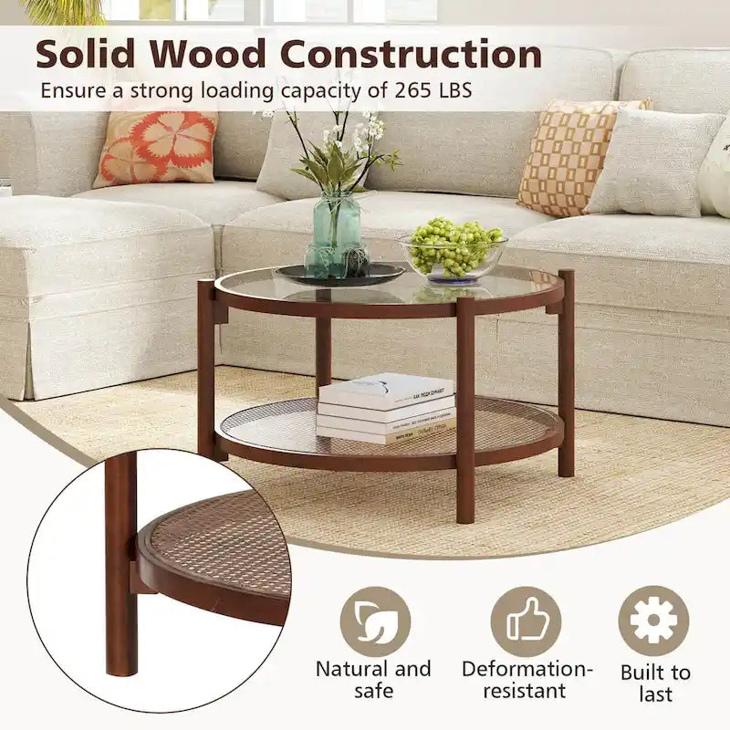 Table basse ronde en bois de 31 po avec dessus en verre trempé fait à la main - Cerise+Transparent