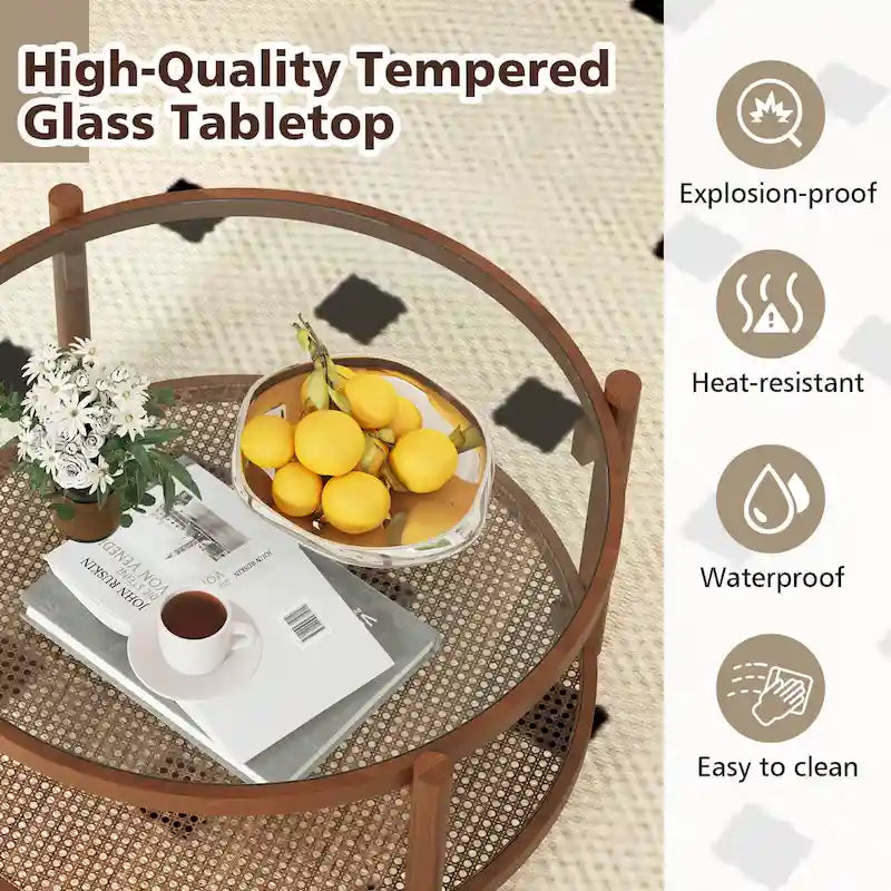 Table basse ronde en bois de 31 po avec dessus en verre trempé fait à la main - Cerise+Transparent