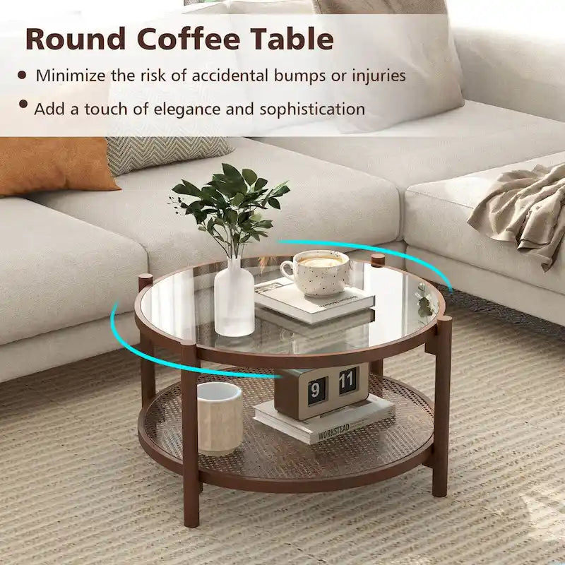 Table basse ronde en bois de 31 po avec dessus en verre trempé fait à la main - Cerise+Transparent