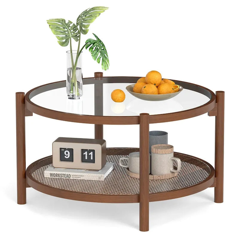 Table basse ronde en bois de 31 po avec dessus en verre trempé fait à la main - Cerise+Transparent