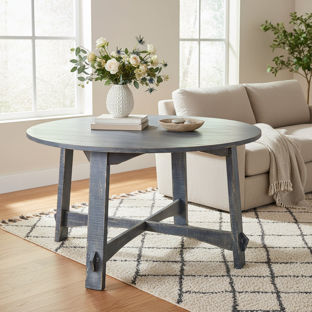 Rena Dining Table, 54 Inch Round Planked Ocean Blue Mahogany Wood