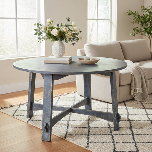Rena Dining Table, 54 Inch Round Planked Ocean Blue Mahogany Wood