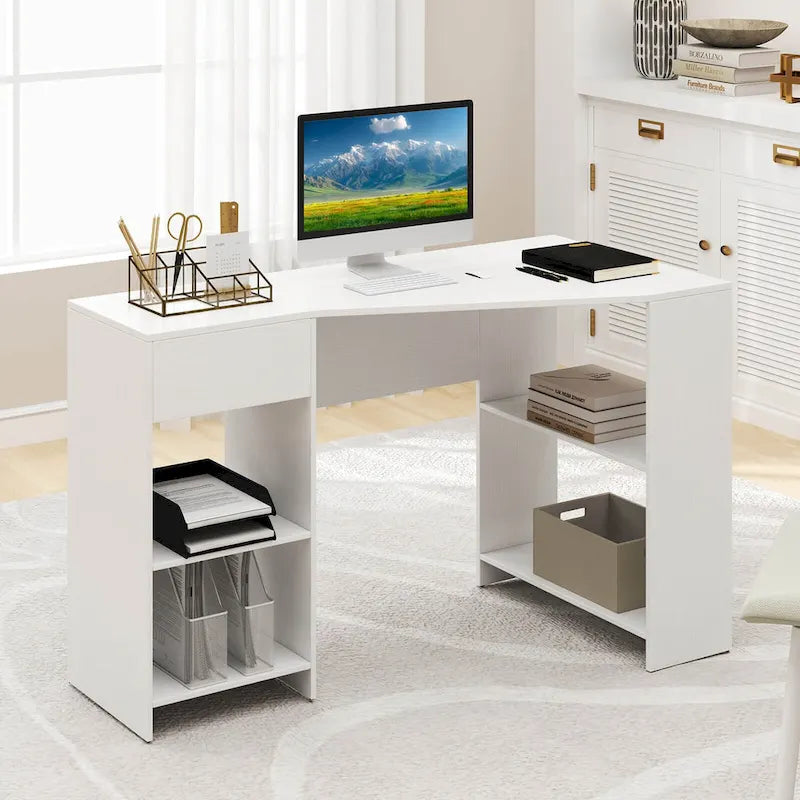 Bureau informatique Costway en forme de L avec tiroir et étagères de rangement pour la maison