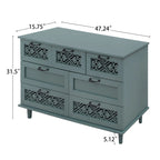 Commode horizontale à 7 tiroirs de style rétro avec façade de tiroirs sculptée et poignées métalliques pour chambre à coucher, salon