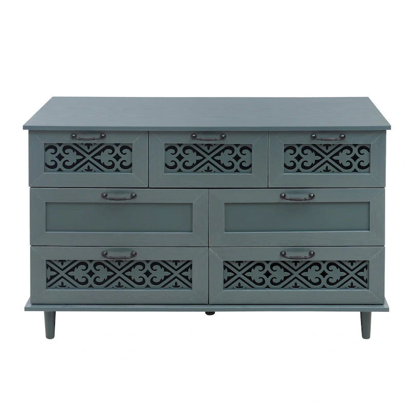 Commode horizontale à 7 tiroirs de style rétro avec façade de tiroirs sculptée et poignées métalliques pour chambre à coucher, salon