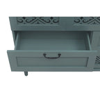 Commode horizontale à 7 tiroirs de style rétro avec façade de tiroirs sculptée et poignées métalliques pour chambre à coucher, salon