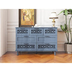 Commode horizontale à 7 tiroirs de style rétro avec façade de tiroirs sculptée et poignées métalliques pour chambre à coucher, salon