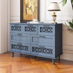 Commode horizontale à 7 tiroirs de style rétro avec façade de tiroirs sculptée et poignées métalliques pour chambre à coucher, salon