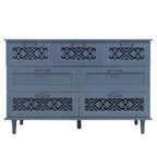 Commode horizontale à 7 tiroirs de style rétro avec façade de tiroirs sculptée et poignées métalliques pour chambre à coucher, salon