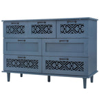Commode horizontale à 7 tiroirs de style rétro avec façade de tiroirs sculptée et poignées métalliques pour chambre à coucher, salon