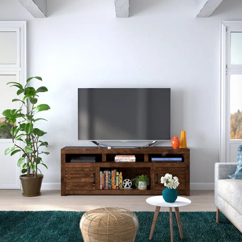 Meuble TV console de 72 pouces pour téléviseurs jusqu'à 85 pouces, aucun assemblage requis, finition Whiskey