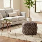 Mercana Falguni Grey Patterned Leather & Cotton Square Pouf