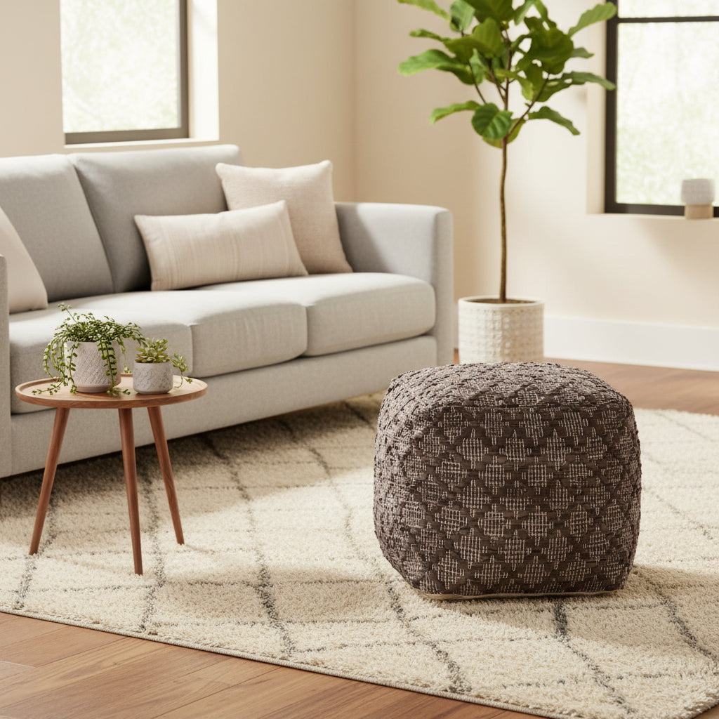 Mercana Falguni Grey Patterned Leather & Cotton Square Pouf