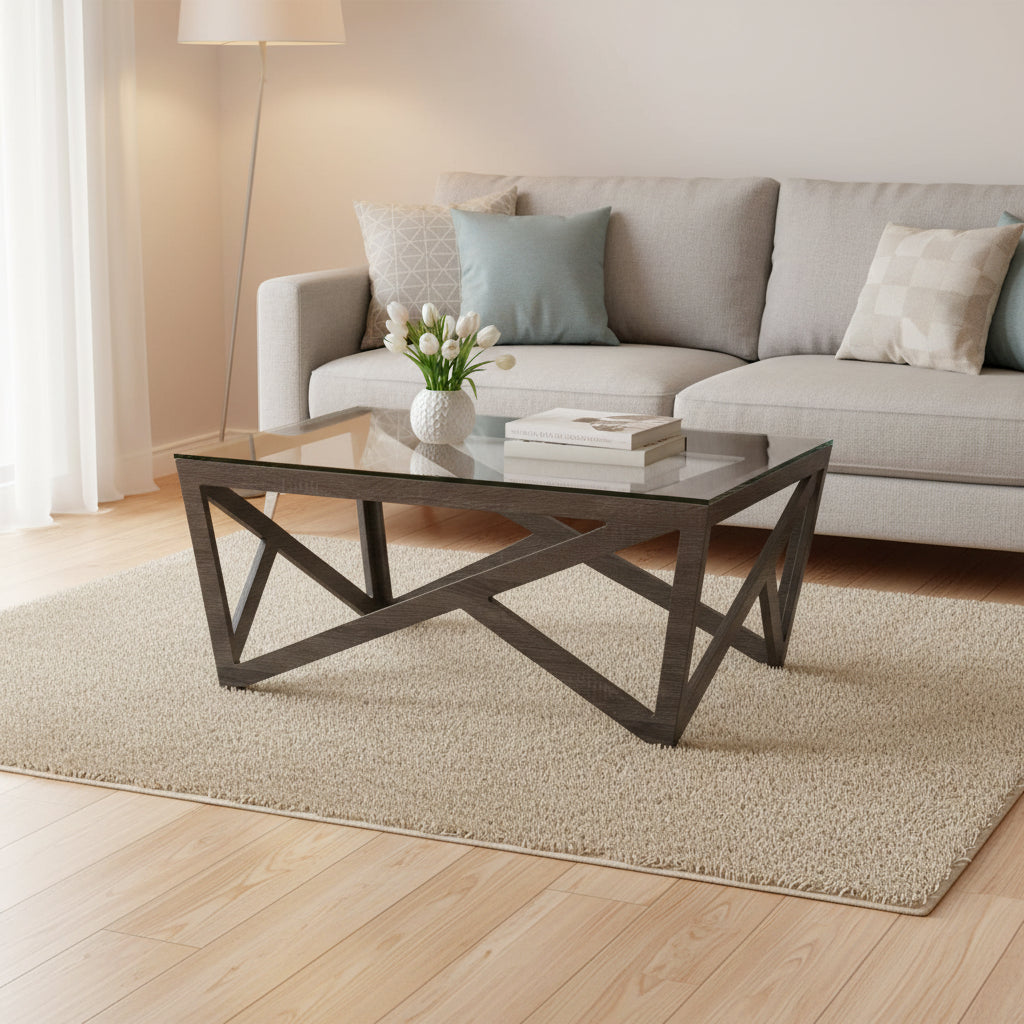 Table basse à plateau en verre style Mid-Century - 33,5 x 33,5 x 14,5 - 34Lx34Px15H