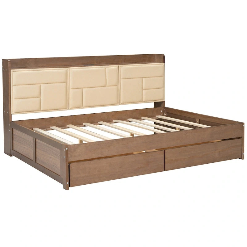 Lit de repos double en bois avec ports USB et tiroirs