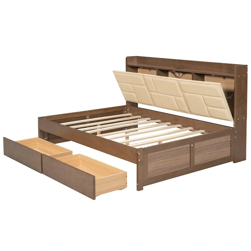 Lit de repos double en bois avec ports USB et tiroirs