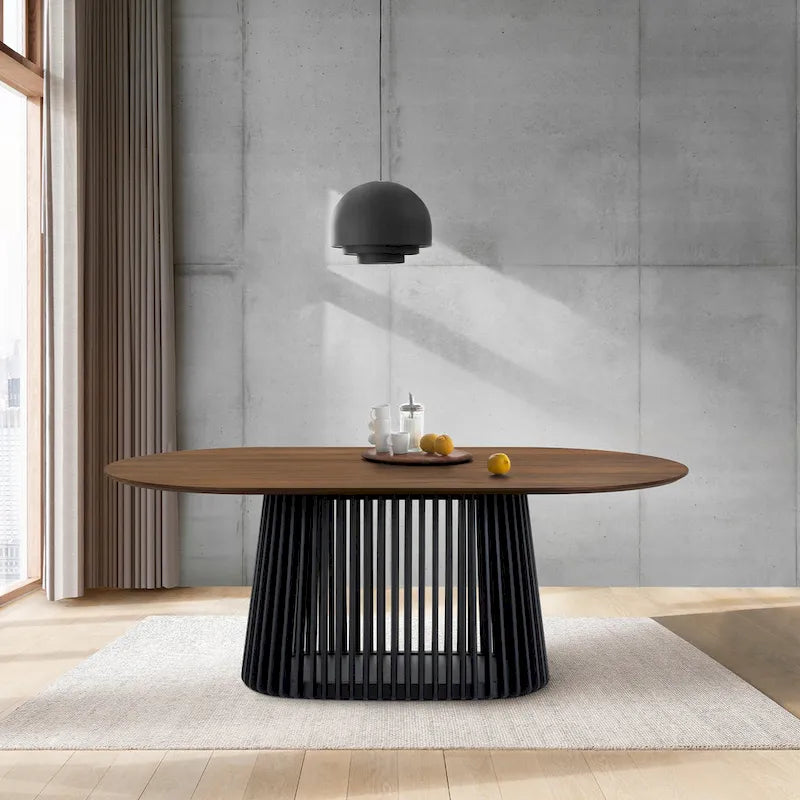Table de salle à manger ovale en bois massif de 79 pouces avec base à lattes