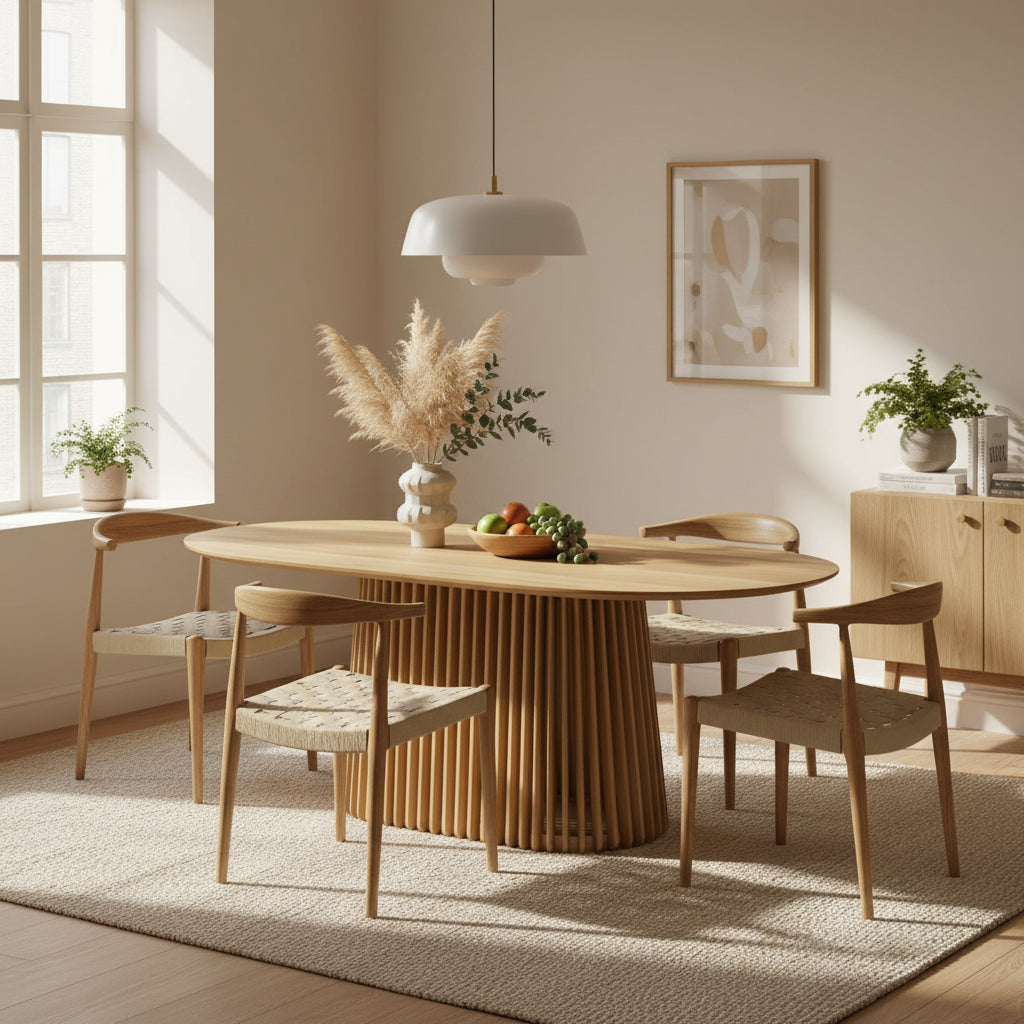 Table de salle à manger ovale en bois massif de 79 pouces avec base à lattes