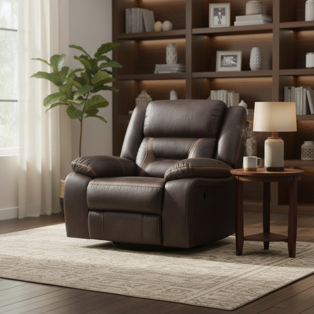 Jake 41 Inch Gliding Manual Recliner, Pillowtop, Dark Brown Faux Leather