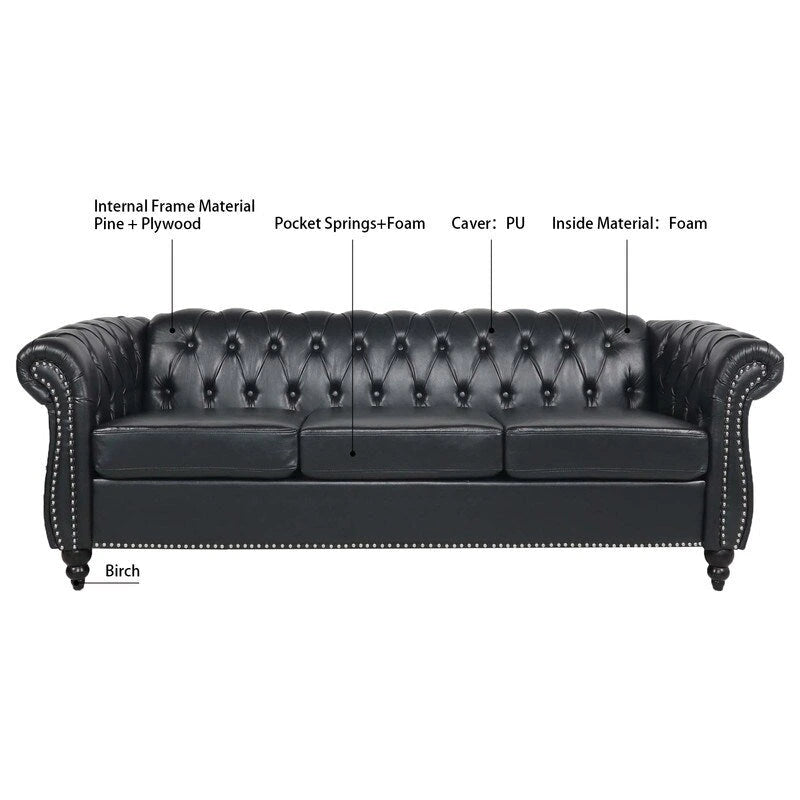 GEITIN 84.65 Canapé Chesterfield 3 places avec accoudoirs arrondis en PU